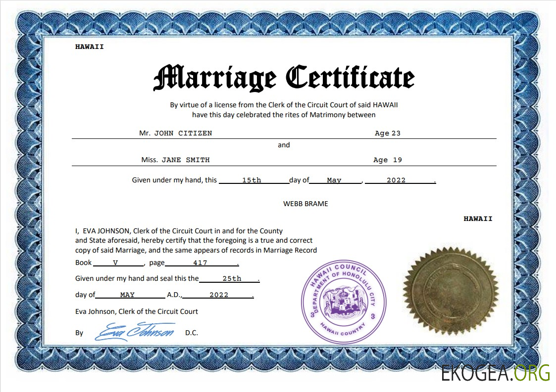 Modèle Word et PDF de certificat de mariage à Hawaï